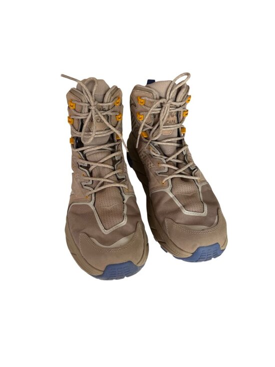 Hoka One One Tan Trail Boots with Yellow Eyelets and Blue Toe Caps main image 5